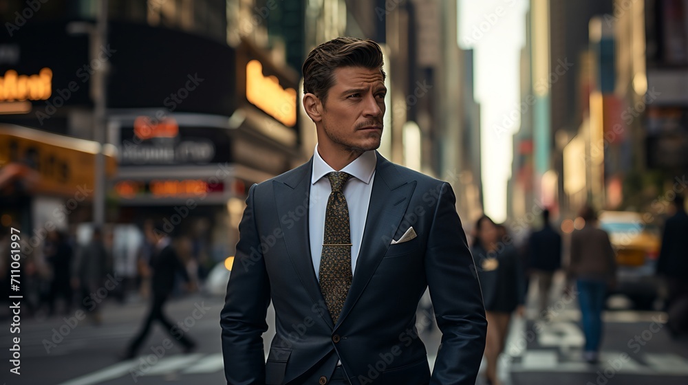 Confident businessman in suit walking in busy city street