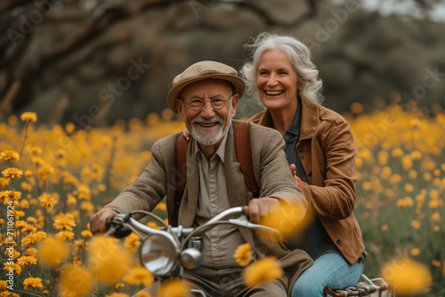 Elderly Couple Riding Bicycle Through Flower Field