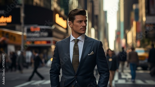 Confident businessman in suit walking in busy city street