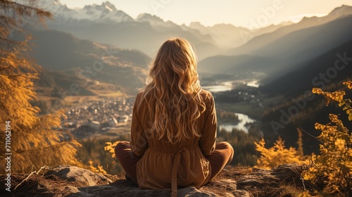 woman meditating on a mountaintop overlooking a valley photo