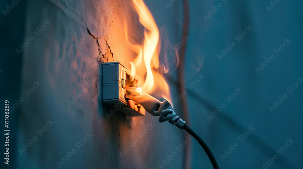 fire and smoke on electric wire plug in indoor, . Ai Generative - obrazy, fototapety, plakaty 
