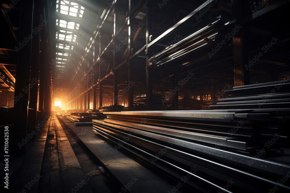 Steel mill interior, metal production stored in warehouse of metallurgical plant. Perspective inside dark storage of iron cast factory. Theme of industry, technology, manufacture - obrazy, fototapety, plakaty 