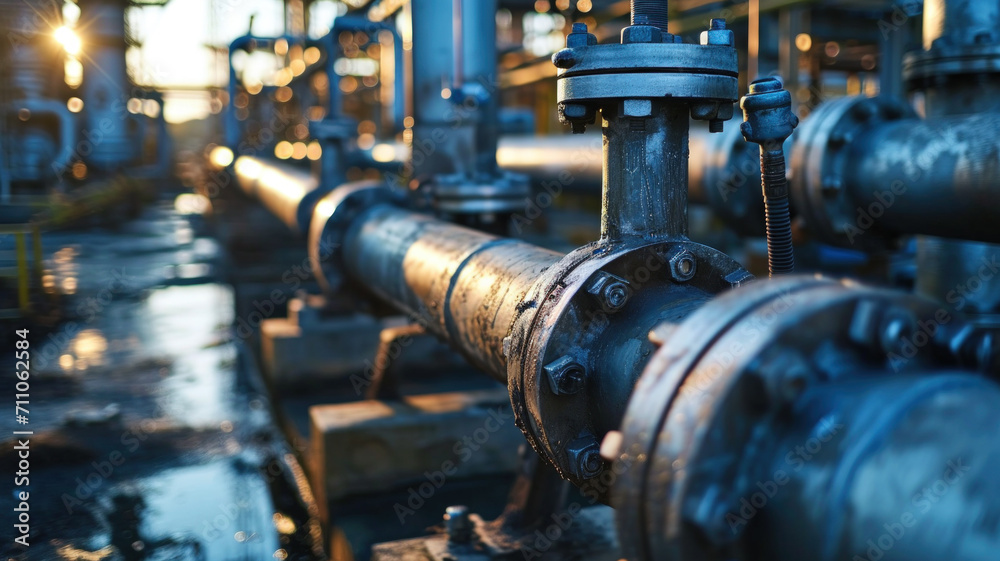 Factory pipeline with valve at sunset, crude gas and oil pipes of refinery plant or petrochemical industry. Scenery of steel industrial tube lines at dusk. Concept of energy, power, Factory pipeline with valve at sunset, crude gas and oil pipes of refinery plant or petrochemical industry. Scenery of steel industrial tube lines at dusk. Concept of energy, power,