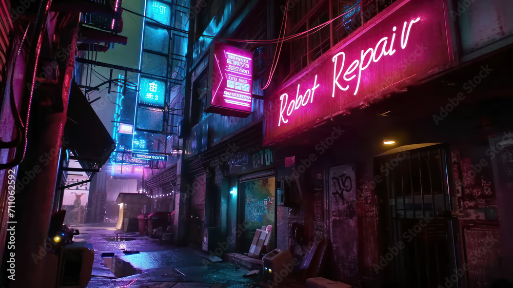 Cyberpunk dark street at night, gloomy alley with neon sign of robot repair store. City scene with grungy buildings and purple light. Concept of dystopia, technology and future Cyberpunk dark street at night, gloomy alley with neon sign of robot repair store. City scene with grungy buildings and purple light. Concept of dystopia, technology and future