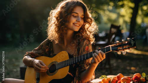 Young woman with wave hair plays guitar in garden or park, female guitarist practices music. Girl player with acoustic instrument outside home. Concept of picnic, musician, people