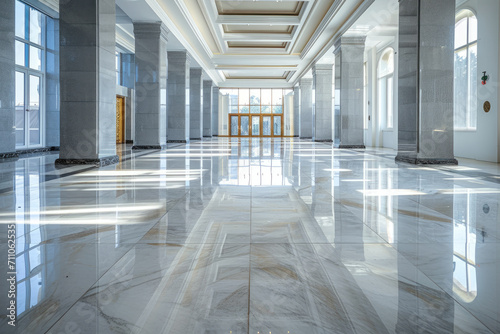 Interior of luxury lobby of modern commercial building, clean shiny floor in office hall after professional cleaning service. Concept of marble tile, column, corporate hallway
