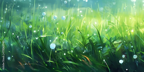 Drops of water on green grass glisten in morning.