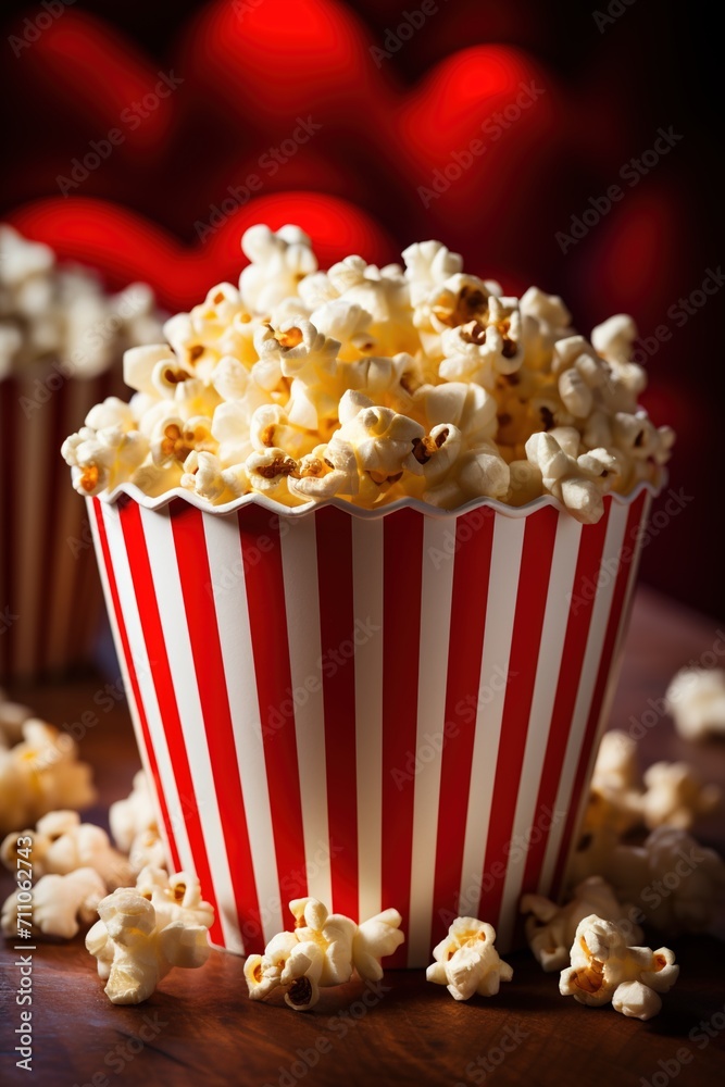 Red and white striped popcorn bucket with a lot of popcorn