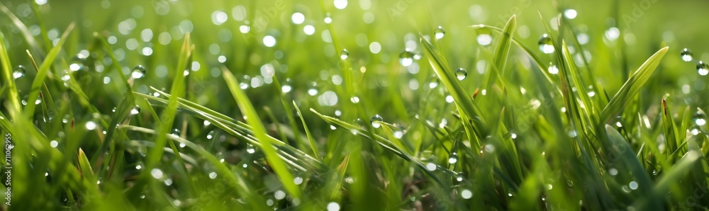 Naklejka premium Drops of water on green grass glisten in morning.