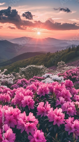 Field of Pink Flowers With Sunset in Background