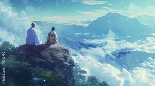 The Zen master and disciple sat on the top of the mountain and watched the world. tranquility and harmony. peace and serenity