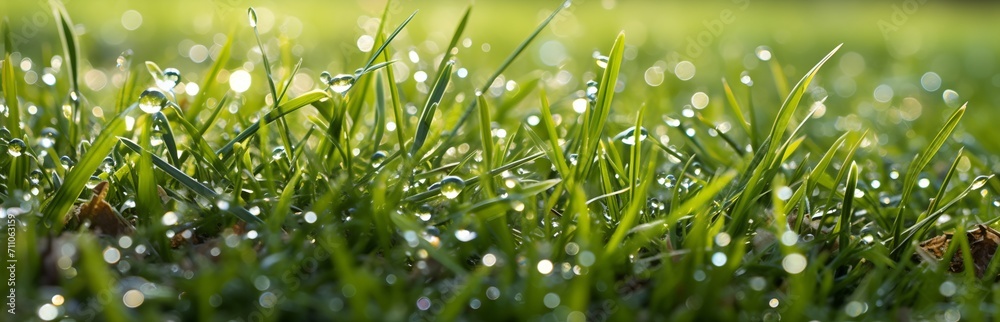 Fototapeta premium Drops of water on green grass glisten in morning.