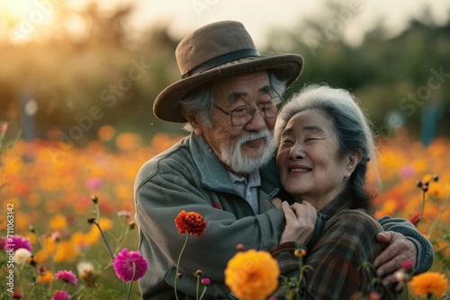 beautiful romance of lovers on valentines day in nature outdoors embracing with affection pragma . asian chinese or japanese people © Summit Art Creations