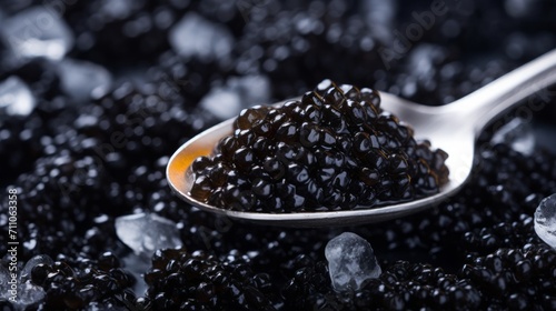 Black fish caviar served in the caviar spoon on ice on a black background. Neural network AI generated art