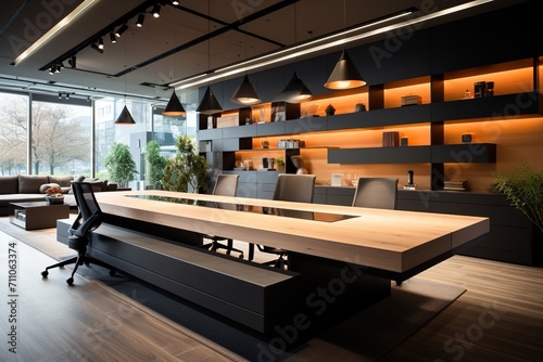 Modern office interior with a large wooden conference table
