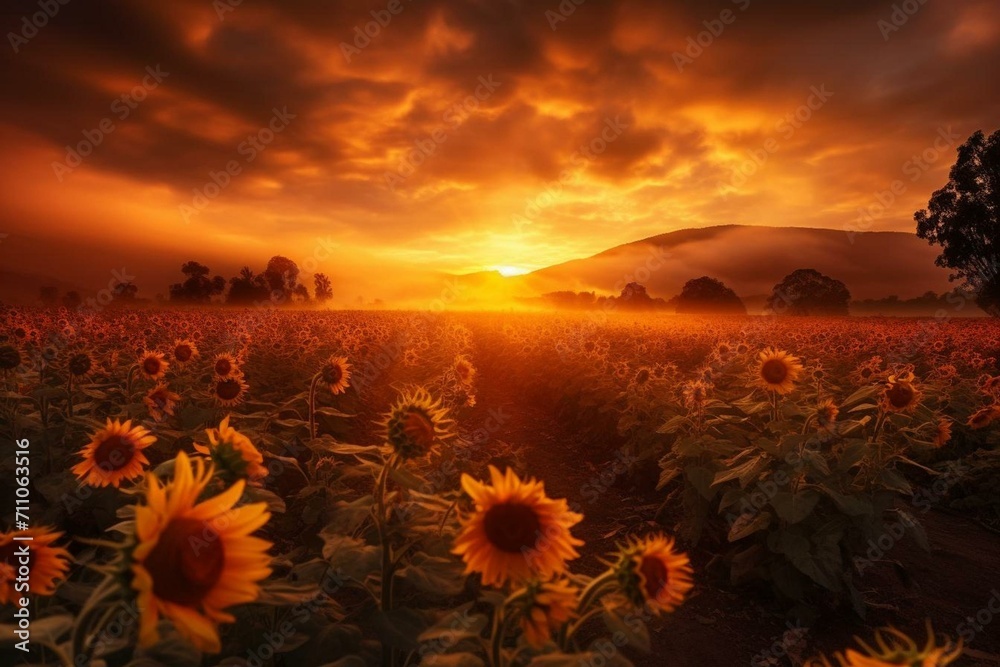 sunflower farming during sunrise. Generative AI