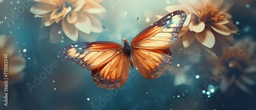 Nature background with orange butterfly and twinkling lights. photo