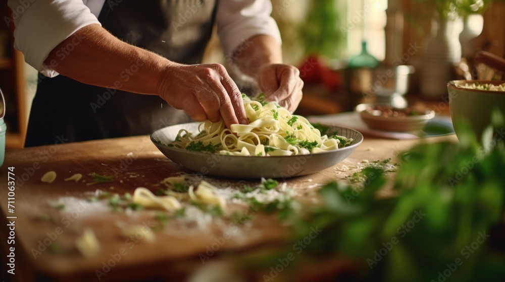 Closeup of a family member sprinkling fresh herbs onto a bowl of homemade organic pasta, adding a burst of flavor to the dish.