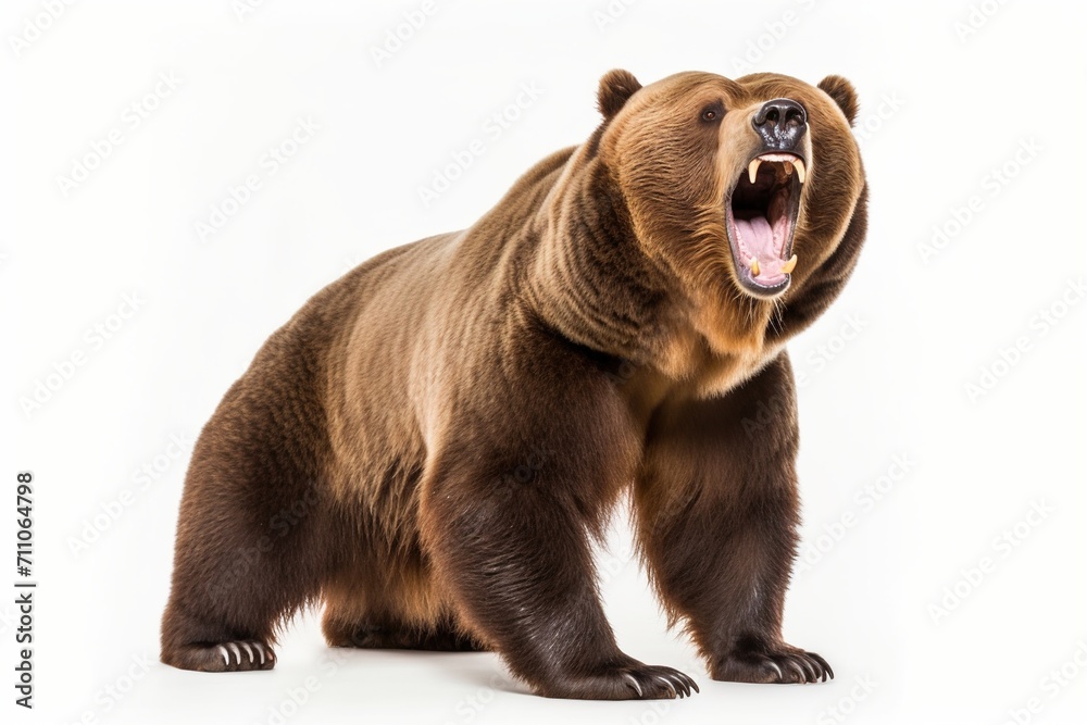 Fototapeta premium Large brown bear standing on all fours with mouth wide open roaring