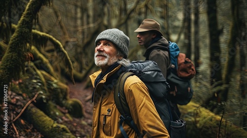 Senior man hiking in the forest with his son. Travel and adventure concept. AI generative