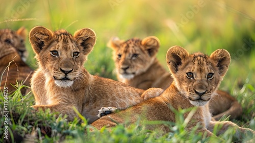 Lion cubs in the grass in Maasai Mara National Park in Kenya  ai generative