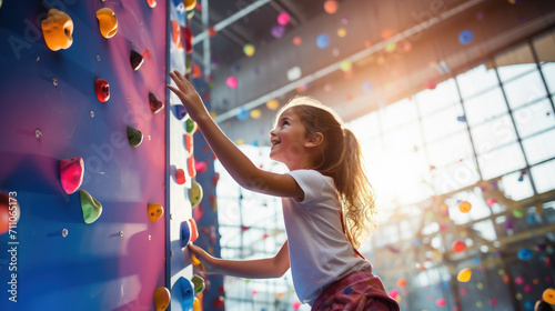 Fotografia athletic girl in sportswear climbs a climbing wall with belay, sports ground, tr