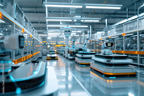 A row of robots in a factory with a display that says ' ii ' on it