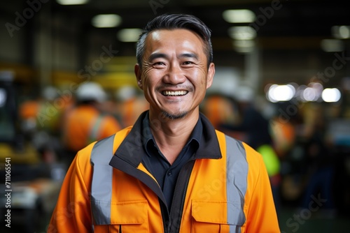 Portrait of a smiling Asian male worker in an industrial setting