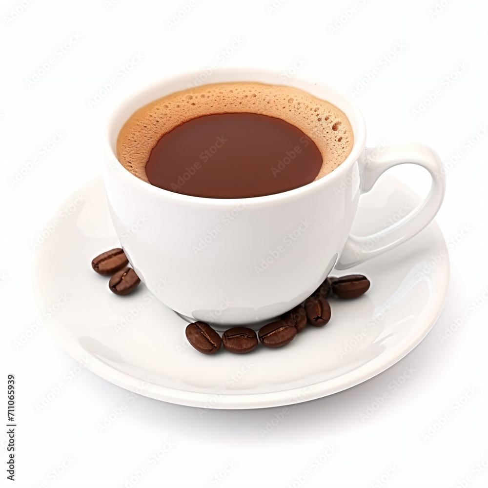 White cup of coffee with coffee beans on white background White cup of coffee with coffee beans on white background