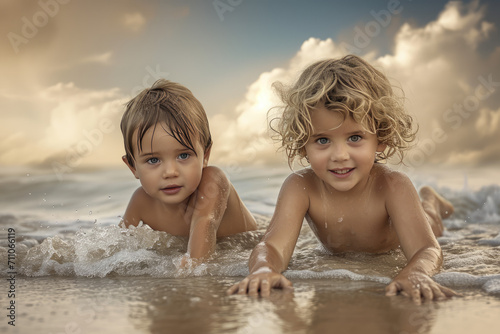 Two young boys laying on the beach looking at the camera © MagnusCort