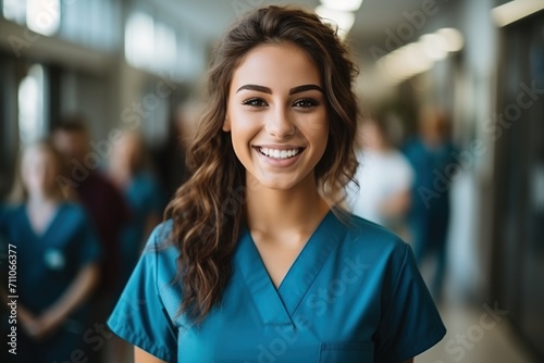 Portrait of a smiling female nurse in blue uniform