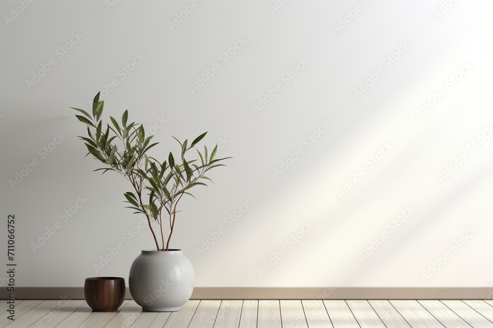 A Potted Plant Sits on a Wooden Floor Against a White Wall A Potted Plant Sits on a Wooden Floor Against a White Wall