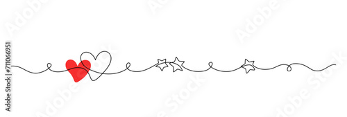 One continuous drawing of two hearts with red color love sign. Thin flourish border with stars and romantic symbol in simple linear style. Editable stroke. Doodle outline vector illustration