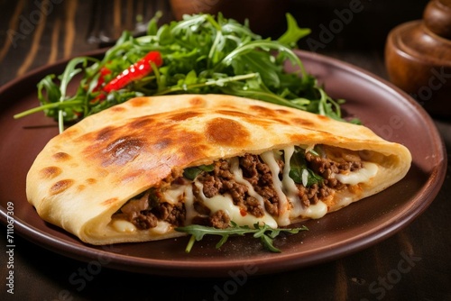 A plate with a delicious Italian calzone, a traditional dish. Generative AI