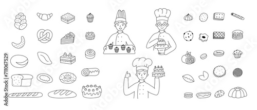 Doodle set bakery products. Cookies, and cakes collection. Various kinds of breadstuff. Bread rolls, bagel, sweet bun and croissant. Dessert and delicacy