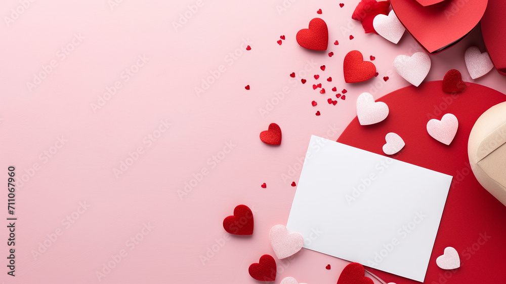 Saint Valentine day holiday background with  envelope, paper card and various red hearts for love romantic message