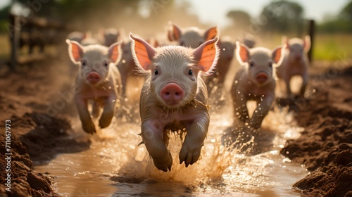 Piglets running in the mud