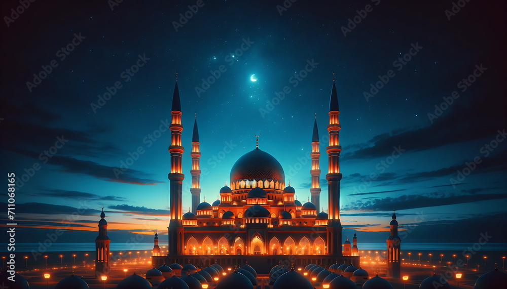 Naklejka premium Mosque wallpaper background that shines at dawn and looks beautiful and charming