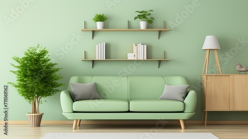Scandinavian greenery  modern living room with green sofa  chair  and bookshelf against wall.