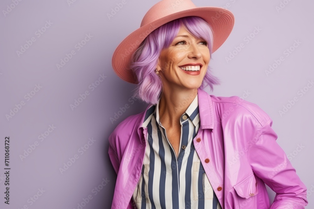 Portrait of a happy mature woman with purple hair wearing pink jacket and hat Portrait of a happy mature woman with purple hair wearing pink jacket and hat