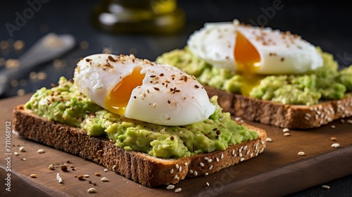 Scrumptious whole grain toast topped with creamy mashed avocado and perfectly poached eggs. photo