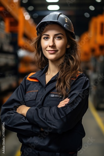 Portrait of a female industrial worker wearing a hard hat and coveralls