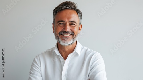 Confident middle-aged businessman in a white shirt Express yourself in a friendly yet professional manner. and the smiles of middle-aged adults conveys happiness on a white background for various uses photo