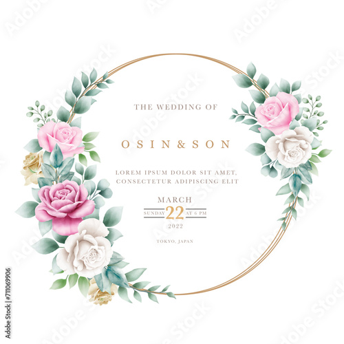 Watercolor pink floral wreath with golden circle
