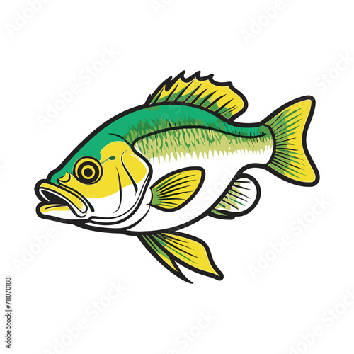 hand drawn art style green yellow black stripe bass fish vector illustration