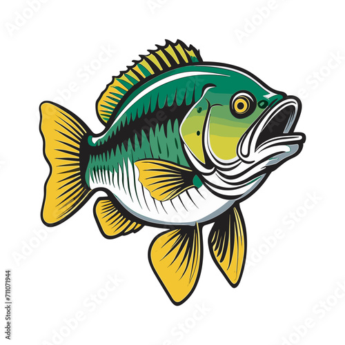 hand drawn art style green yellow black stripe bass fish vector illustration