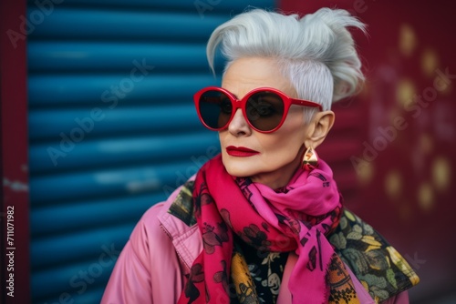 Fashionable woman with short white hair and red lips wearing stylish sunglasses and pink scarf on the city street. © Igor
