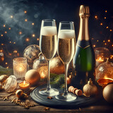 Dwa pełne kieliszki szampana z butelką szampana na stole z świeczkami i ozdobami świątecznymi.