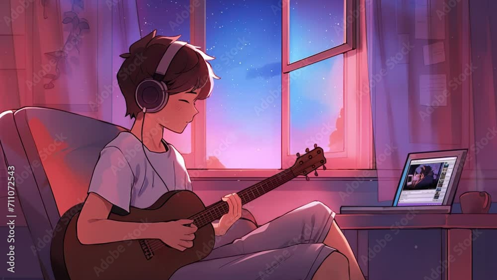 Lofi animation. Seamless loop. Guy playing guitar. Assets were created with the help of an AI and then were manually modified and animated.