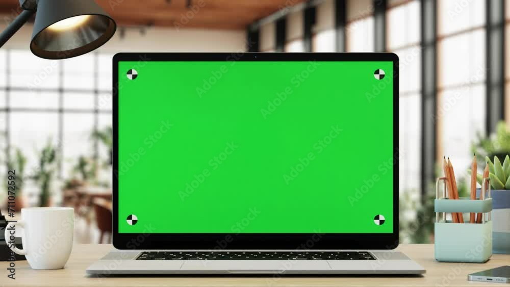 Close up shot of laptop on the desk with green screen chroma key, bright modern office in the background, 4k